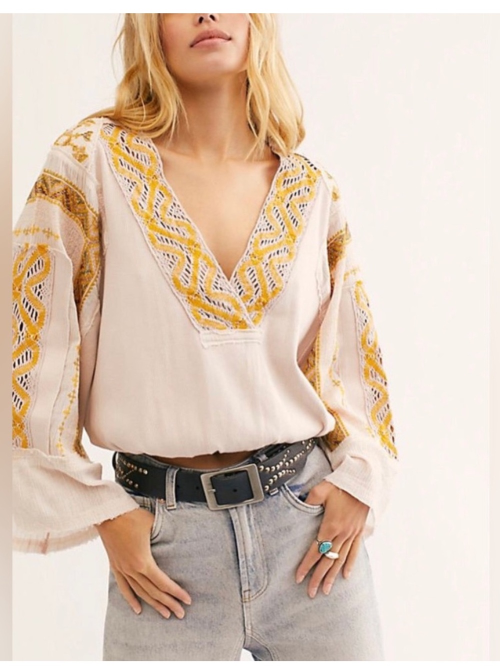 Free People Cross Country V-Neck Long Sleeve Embroidered Top Cream Yellow Medium